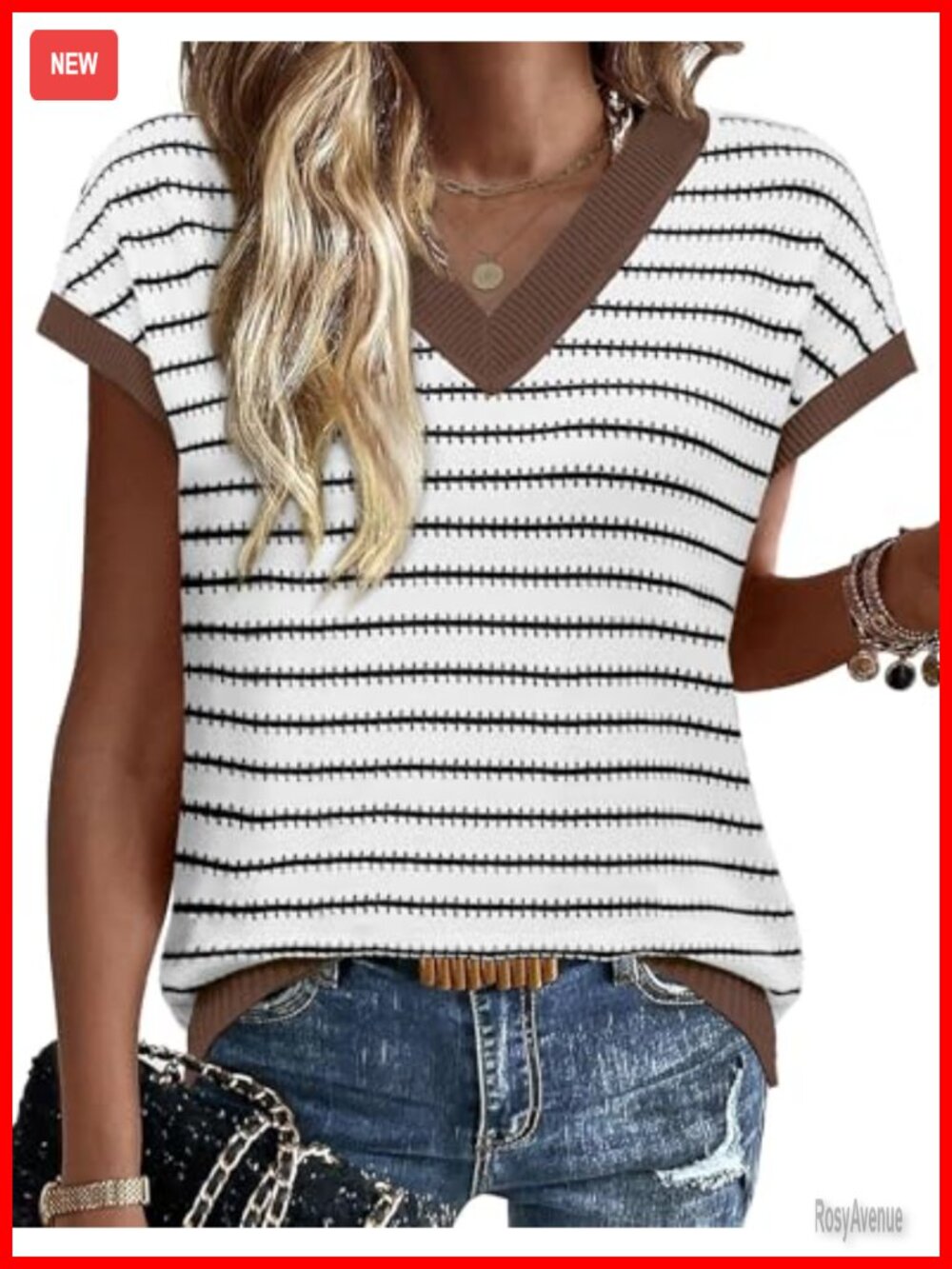 WIHOLL Womens Short Sleeve Sweater V Neck Striped Pullover Knit